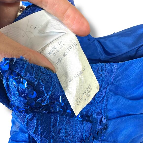Vintage Roberta California Blue Sequin Lace Bow Bodycon Midi Dress Size 3/4 - Picture 7 of 7